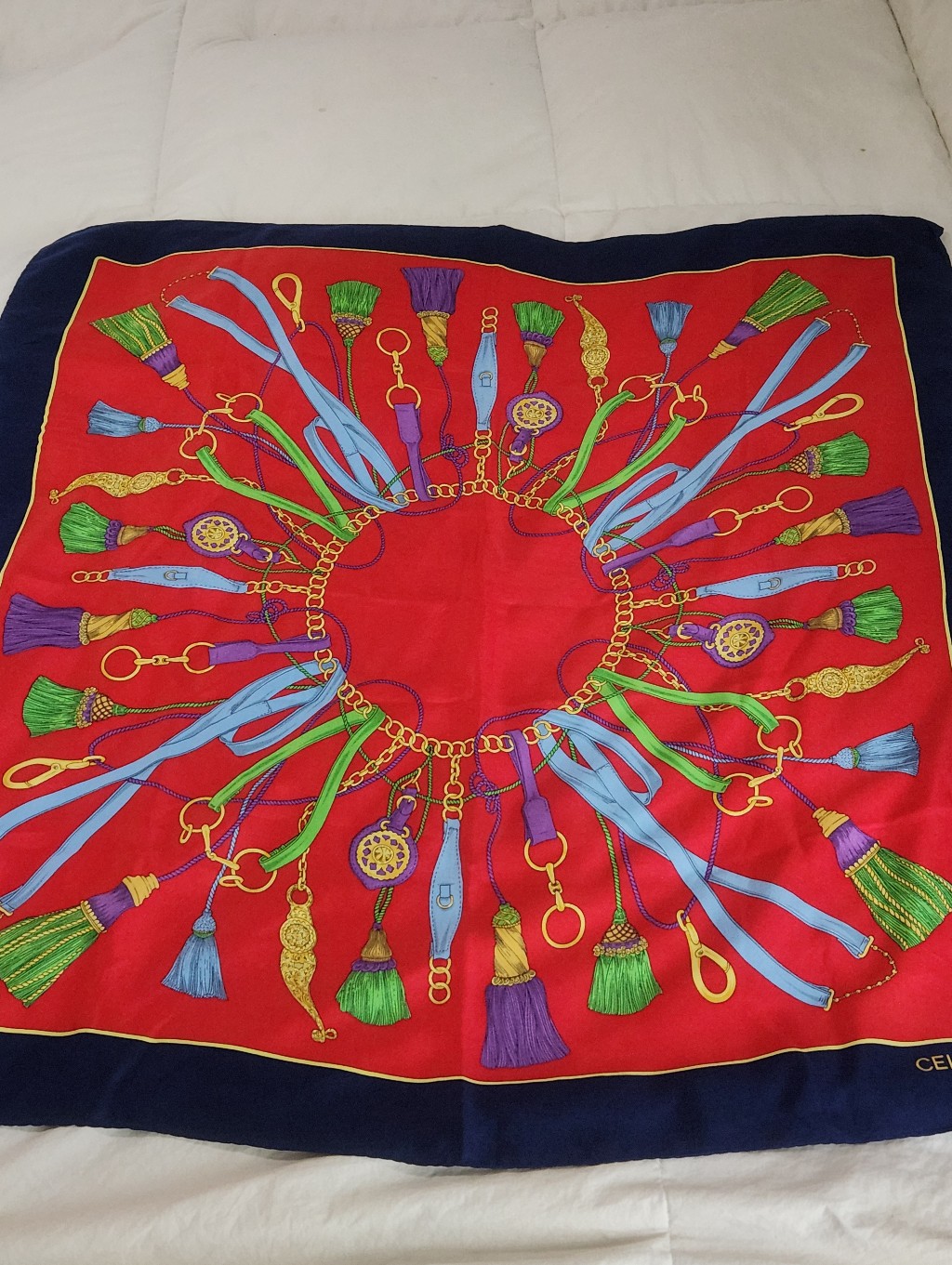 Celine Silk Scarf Red Blue Equestrian 34" 34"
